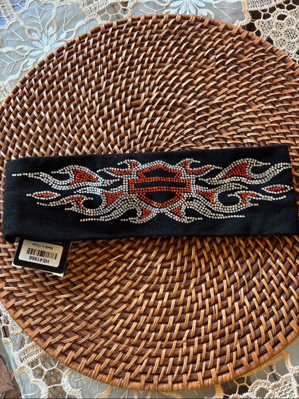 Harley Davidson Rhinestone Flame Stretch Headband - Black and Orange